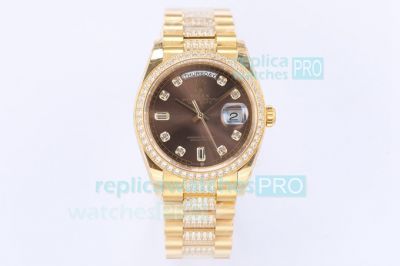EWF Rolex Golden Day Date Brown Dial Diamond Bezel Men's Replica Watch 36MM